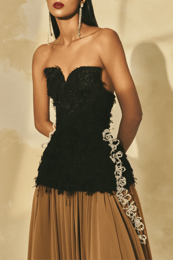 Strapless 3D Crystal Maxi Dress - ALBOUSHIYA - district 5 - dubai - riyadh - abaya - dresses - designers - evening wear - luxury - elegance - craftsmanship - gowns - cocktail dresses - collections - georges