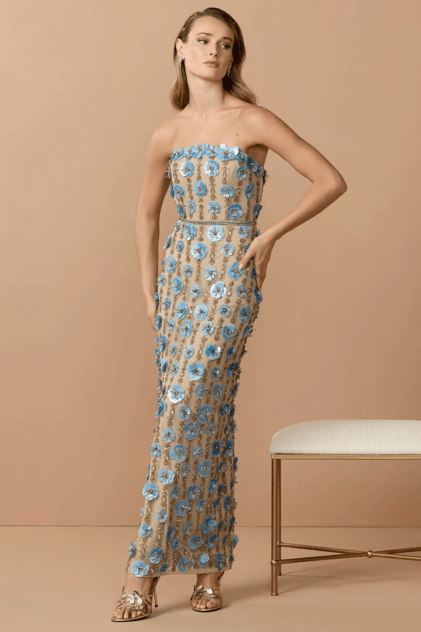 Strapless 3D Floral Embellished Dress - ALBOUSHIYA - district 5 - dubai - riyadh - abaya - dresses - designers - evening wear - luxury - elegance - craftsmanship - gowns - cocktail dresses - collections - georges