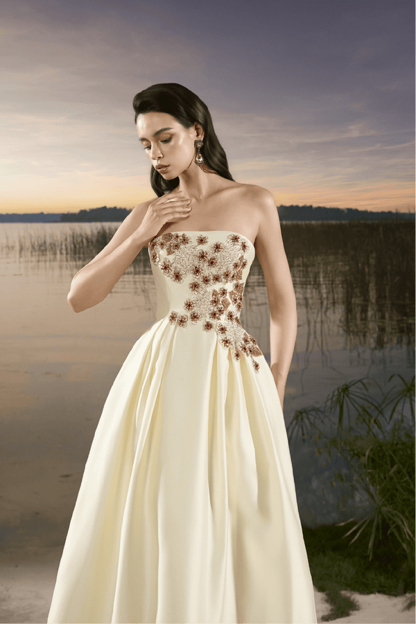 Strapless Ball Gown with Beaded Bodice - ALBOUSHIYA - district 5 - dubai - riyadh - abaya - dresses - designers - evening wear - luxury - elegance - craftsmanship - gowns - cocktail dresses - collections - georges