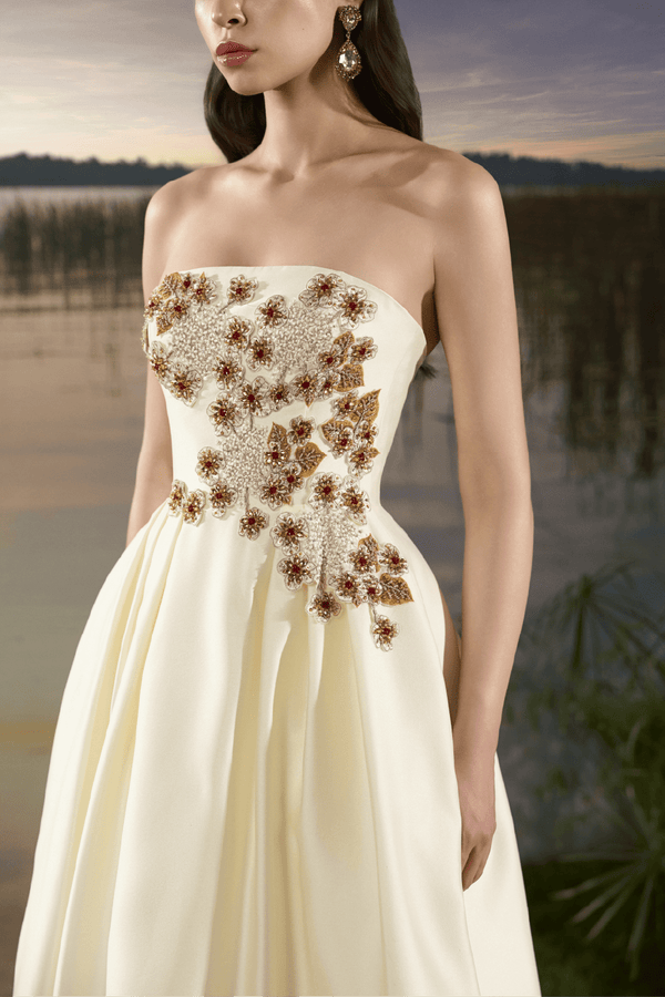 Strapless Ball Gown with Beaded Bodice - ALBOUSHIYA - district 5 - dubai - riyadh - abaya - dresses - designers - evening wear - luxury - elegance - craftsmanship - gowns - cocktail dresses - collections - georges
