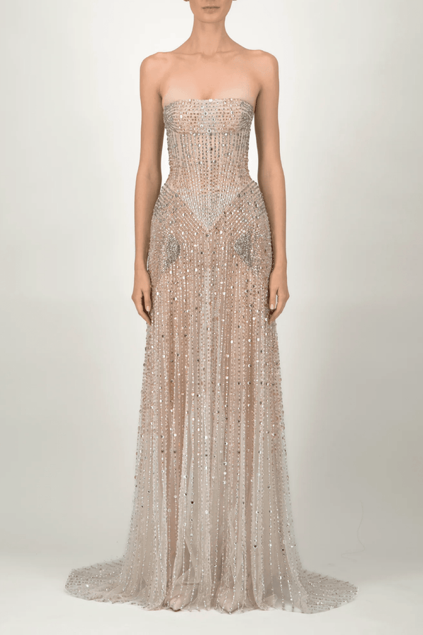 Strapless Beaded Long Dress - ALBOUSHIYA - district 5 - dubai - riyadh - abaya - dresses - designers - evening wear - luxury - elegance - craftsmanship - gowns - cocktail dresses - collections - georges