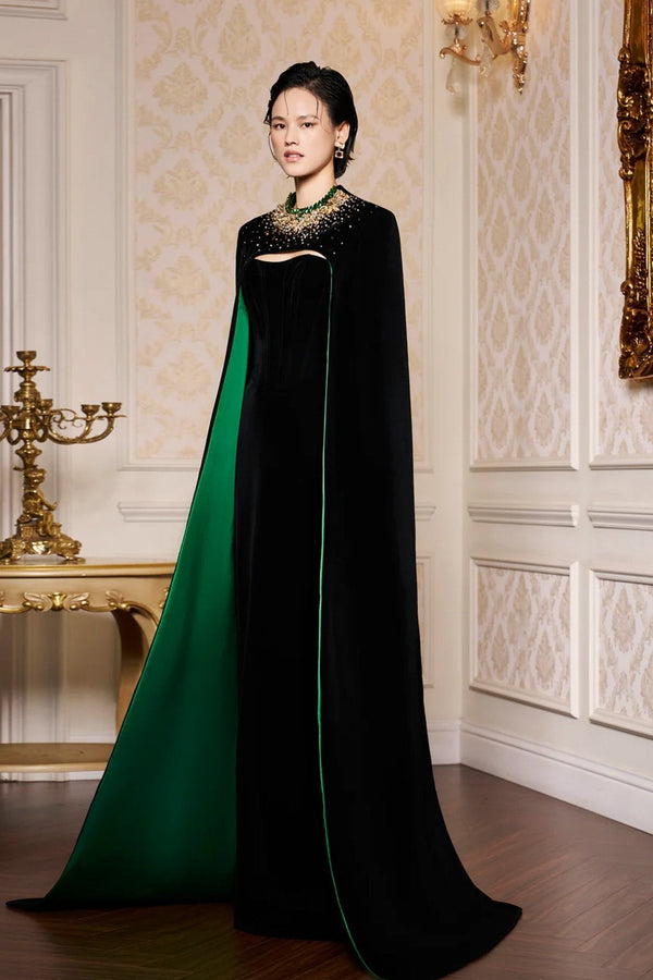Strapless Burstier Black Velvet Gown with Long Cape - ALBOUSHIYA - district 5 - dubai - riyadh - abaya - dresses - designers - evening wear - luxury - elegance - craftsmanship - gowns - cocktail dresses - collections - georges