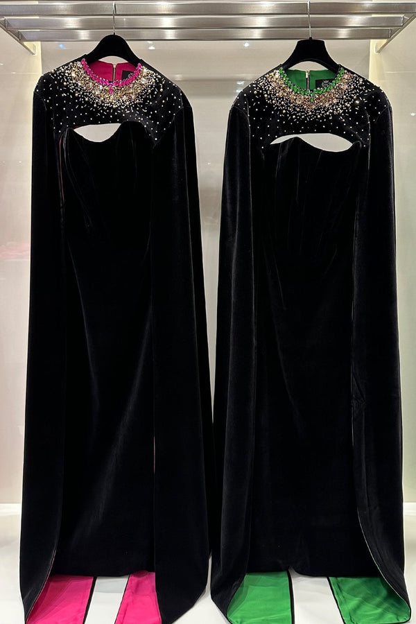 Strapless Burstier Black Velvet Gown with Long Cape - ALBOUSHIYA - district 5 - dubai - riyadh - abaya - dresses - designers - evening wear - luxury - elegance - craftsmanship - gowns - cocktail dresses - collections - georges
