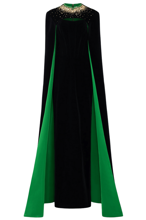 Strapless Burstier Black Velvet Gown with Long Cape - ALBOUSHIYA - district 5 - dubai - riyadh - abaya - dresses - designers - evening wear - luxury - elegance - craftsmanship - gowns - cocktail dresses - collections - georges