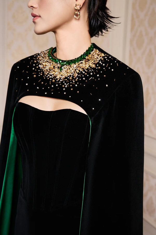 Strapless Burstier Black Velvet Gown with Long Cape - ALBOUSHIYA - district 5 - dubai - riyadh - abaya - dresses - designers - evening wear - luxury - elegance - craftsmanship - gowns - cocktail dresses - collections - georges