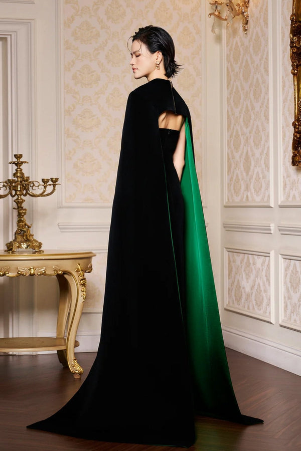 Strapless Burstier Black Velvet Gown with Long Cape - ALBOUSHIYA - district 5 - dubai - riyadh - abaya - dresses - designers - evening wear - luxury - elegance - craftsmanship - gowns - cocktail dresses - collections - georges