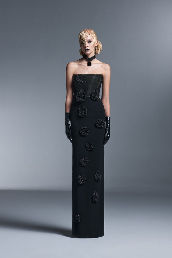 Strapless Column Gown with 3D Floral Embellishments - ALBOUSHIYA - district 5 - dubai - riyadh - abaya - dresses - designers - evening wear - luxury - elegance - craftsmanship - gowns - cocktail dresses - collections - georges