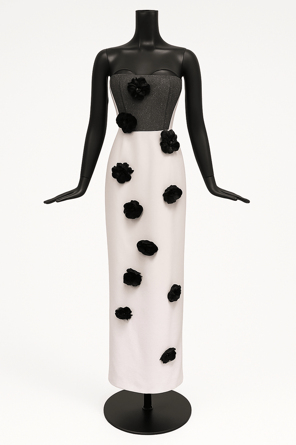 Strapless Column Gown with 3D Floral Embellishments - ALBOUSHIYA - district 5 - dubai - riyadh - abaya - dresses - designers - evening wear - luxury - elegance - craftsmanship - gowns - cocktail dresses - collections - georges