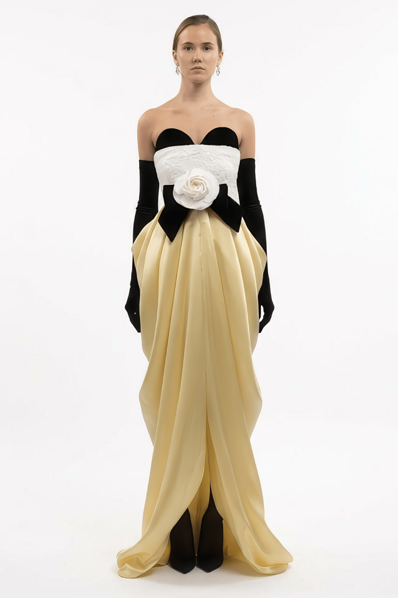 Strapless Draped Silk Gown with Bow & Rose Detail - ALBOUSHIYA - district 5 - dubai - riyadh - abaya - dresses - designers - evening wear - luxury - elegance - craftsmanship - gowns - cocktail dresses - collections - georges