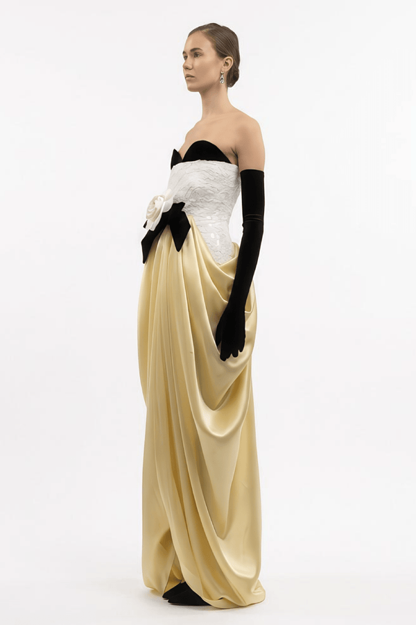 Strapless Draped Silk Gown with Bow & Rose Detail - ALBOUSHIYA - district 5 - dubai - riyadh - abaya - dresses - designers - evening wear - luxury - elegance - craftsmanship - gowns - cocktail dresses - collections - georges