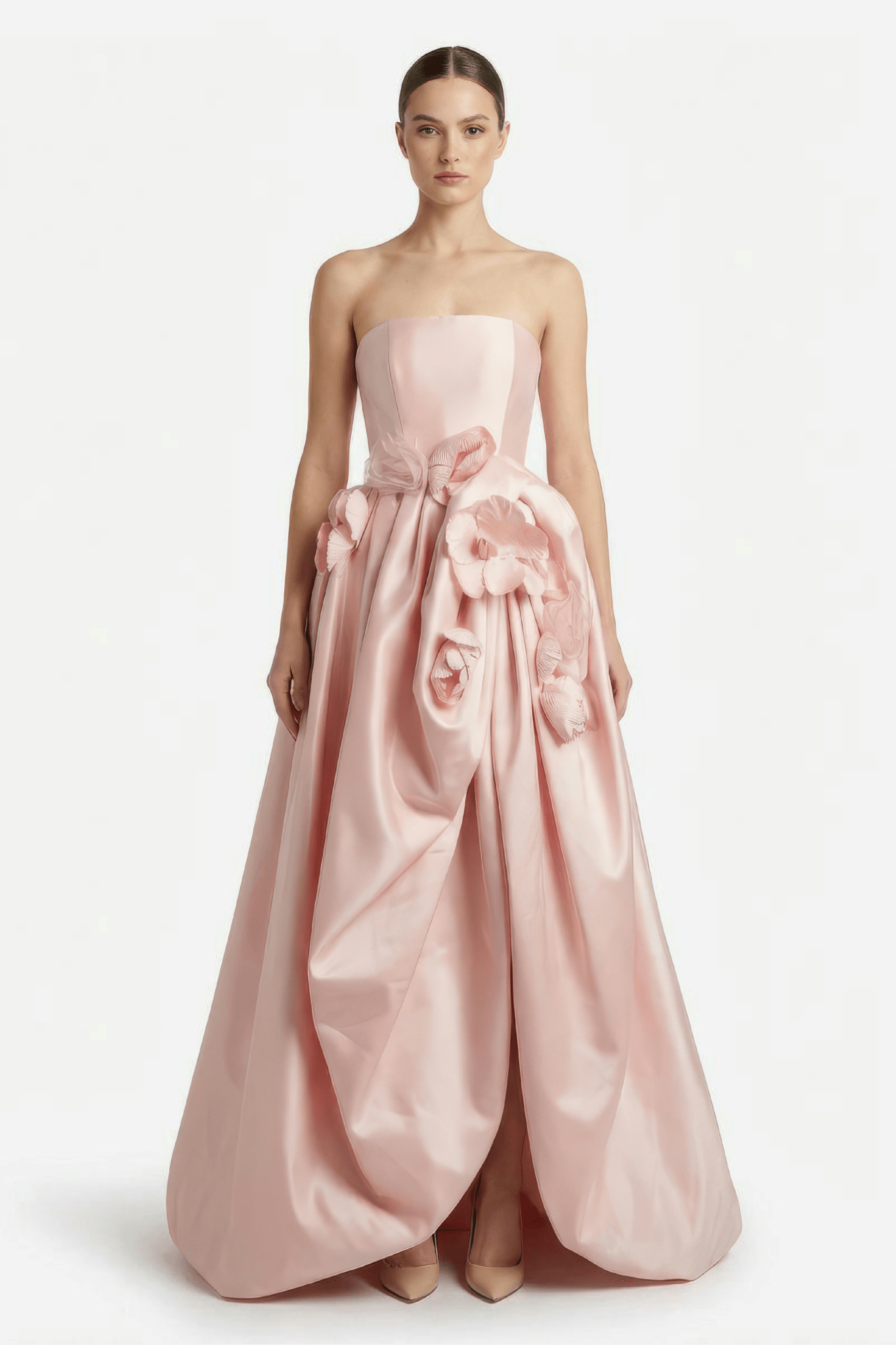 Strapless Sculptural Satin Floral Gown - ALBOUSHIYA - district 5 - dubai - riyadh - abaya - dresses - designers - evening wear - luxury - elegance - craftsmanship - gowns - cocktail dresses - collections - georges
