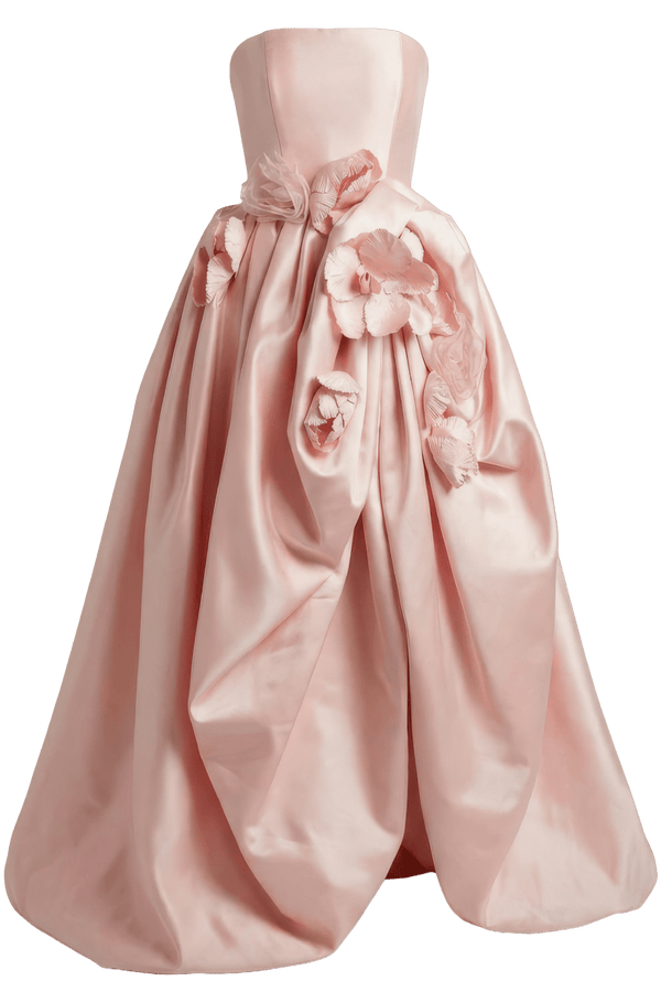 Strapless Sculptural Satin Floral Gown - ALBOUSHIYA - district 5 - dubai - riyadh - abaya - dresses - designers - evening wear - luxury - elegance - craftsmanship - gowns - cocktail dresses - collections - georges