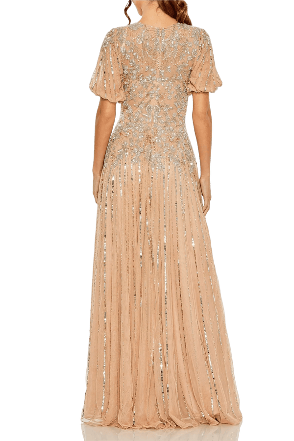 Taupe High Neck Puff Sleeve Gown - ALBOUSHIYA - district 5 - dubai - riyadh - abaya - dresses - designers - evening wear - luxury - elegance - craftsmanship - gowns - cocktail dresses - collections - georges