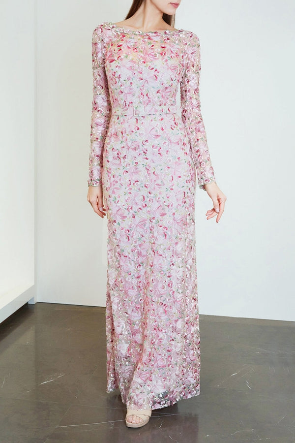 Tulle Embroidered Sheath Maxi Dress - ALBOUSHIYA - district 5 - dubai - riyadh - abaya - dresses - designers - evening wear - luxury - elegance - craftsmanship - gowns - cocktail dresses - collections - georges