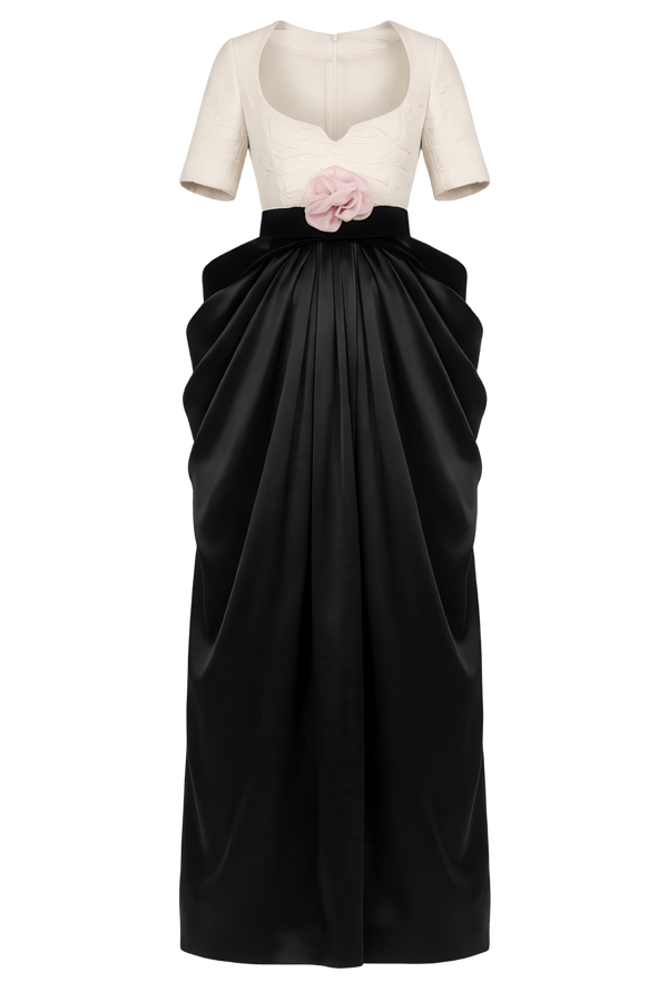 Two - Tone Gown with Floral Waist Detail - ALBOUSHIYA - district 5 - dubai - riyadh - abaya - dresses - designers - evening wear - luxury - elegance - craftsmanship - gowns - cocktail dresses - collections - georges