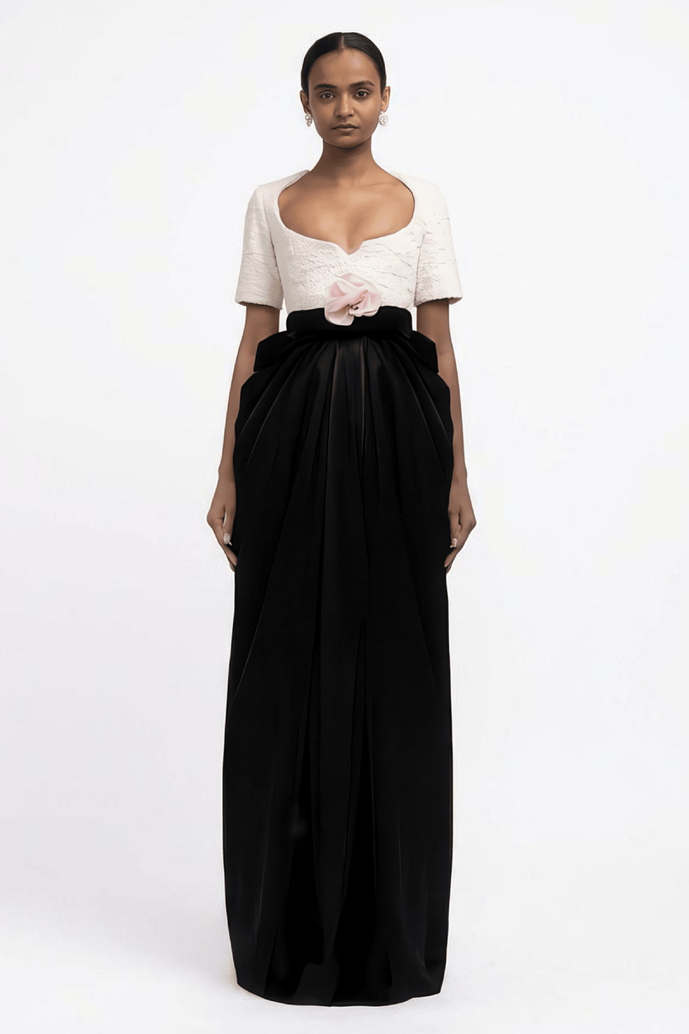 Two - Tone Gown with Floral Waist Detail - ALBOUSHIYA - district 5 - dubai - riyadh - abaya - dresses - designers - evening wear - luxury - elegance - craftsmanship - gowns - cocktail dresses - collections - georges