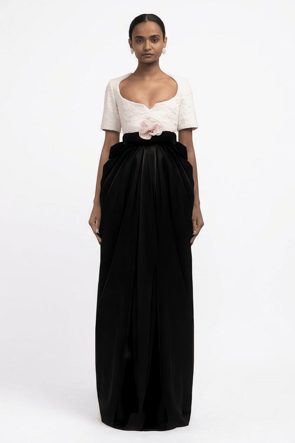 Two - Tone Gown with Floral Waist Detail - ALBOUSHIYA - district 5 - dubai - riyadh - abaya - dresses - designers - evening wear - luxury - elegance - craftsmanship - gowns - cocktail dresses - collections - georges