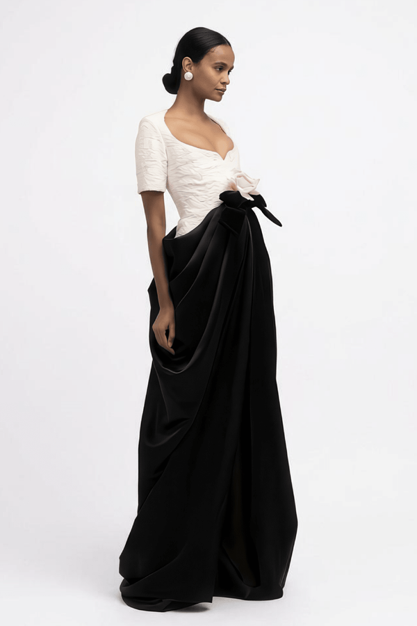 Two - Tone Gown with Floral Waist Detail - ALBOUSHIYA - district 5 - dubai - riyadh - abaya - dresses - designers - evening wear - luxury - elegance - craftsmanship - gowns - cocktail dresses - collections - georges