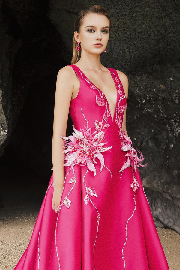 V - Neck A line Ball Gown - ALBOUSHIYA - district 5 - dubai - riyadh - abaya - dresses - designers - evening wear - luxury - elegance - craftsmanship - gowns - cocktail dresses - collections - georges