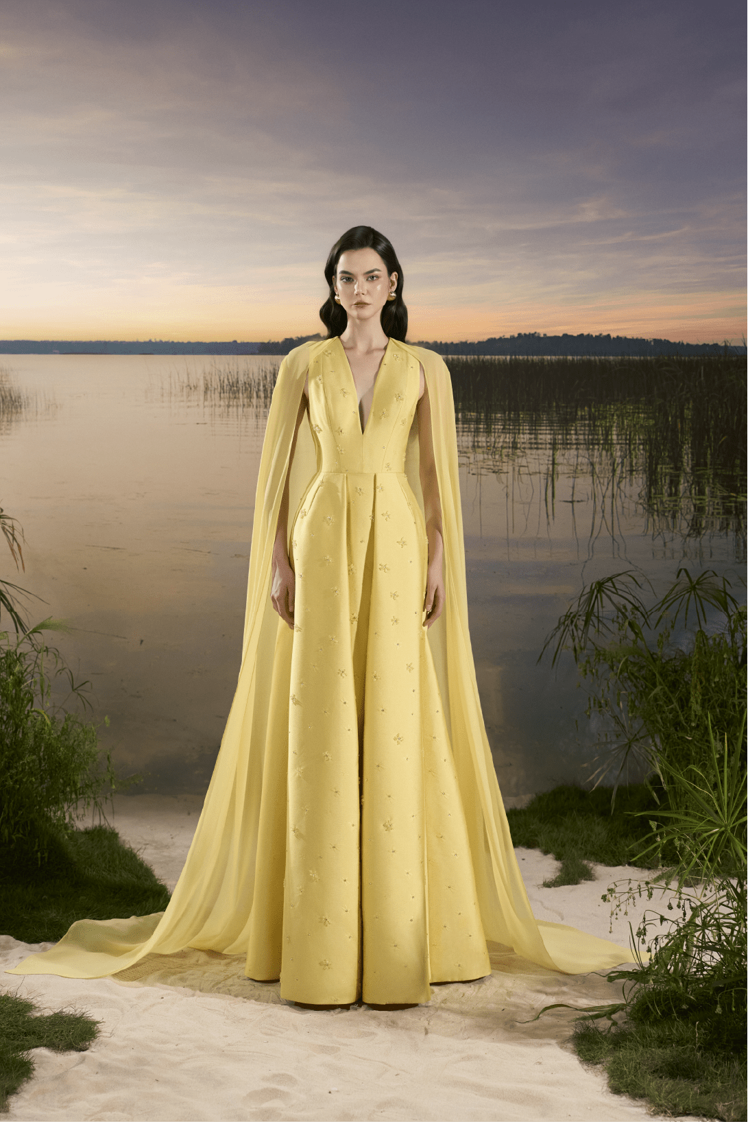 V - Neck Beaded Taffeta Gown with Chiffon Cape - ALBOUSHIYA - district 5 - dubai - riyadh - abaya - dresses - designers - evening wear - luxury - elegance - craftsmanship - gowns - cocktail dresses - collections - georges