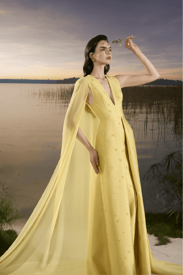 V - Neck Beaded Taffeta Gown with Chiffon Cape - ALBOUSHIYA - district 5 - dubai - riyadh - abaya - dresses - designers - evening wear - luxury - elegance - craftsmanship - gowns - cocktail dresses - collections - georges