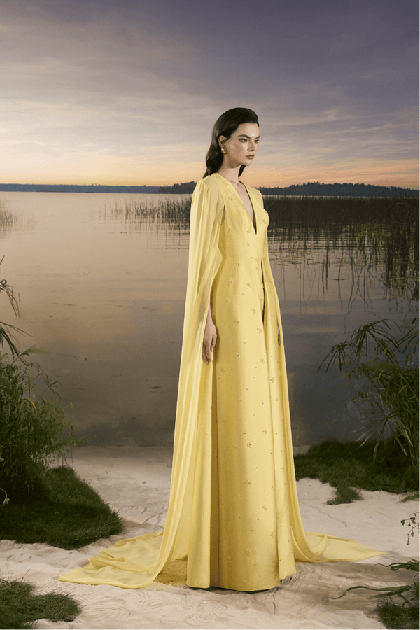 V - Neck Beaded Taffeta Gown with Chiffon Cape - ALBOUSHIYA - district 5 - dubai - riyadh - abaya - dresses - designers - evening wear - luxury - elegance - craftsmanship - gowns - cocktail dresses - collections - georges