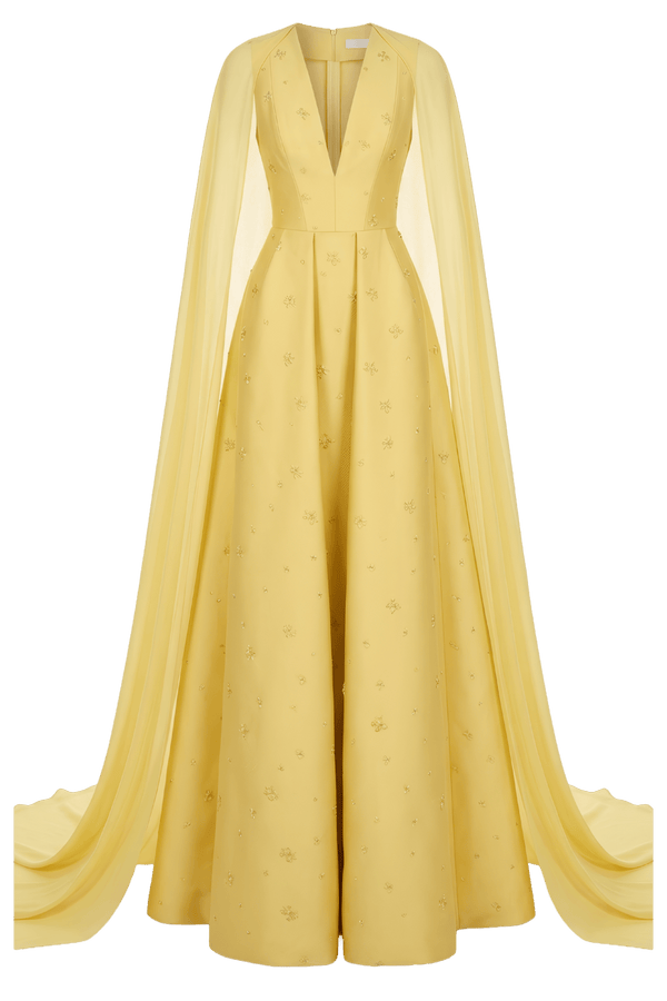 V - Neck Beaded Taffeta Gown with Chiffon Cape - ALBOUSHIYA - district 5 - dubai - riyadh - abaya - dresses - designers - evening wear - luxury - elegance - craftsmanship - gowns - cocktail dresses - collections - georges