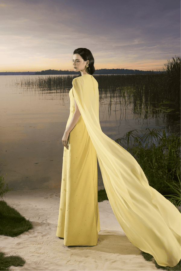 V - Neck Beaded Taffeta Gown with Chiffon Cape - ALBOUSHIYA - district 5 - dubai - riyadh - abaya - dresses - designers - evening wear - luxury - elegance - craftsmanship - gowns - cocktail dresses - collections - georges