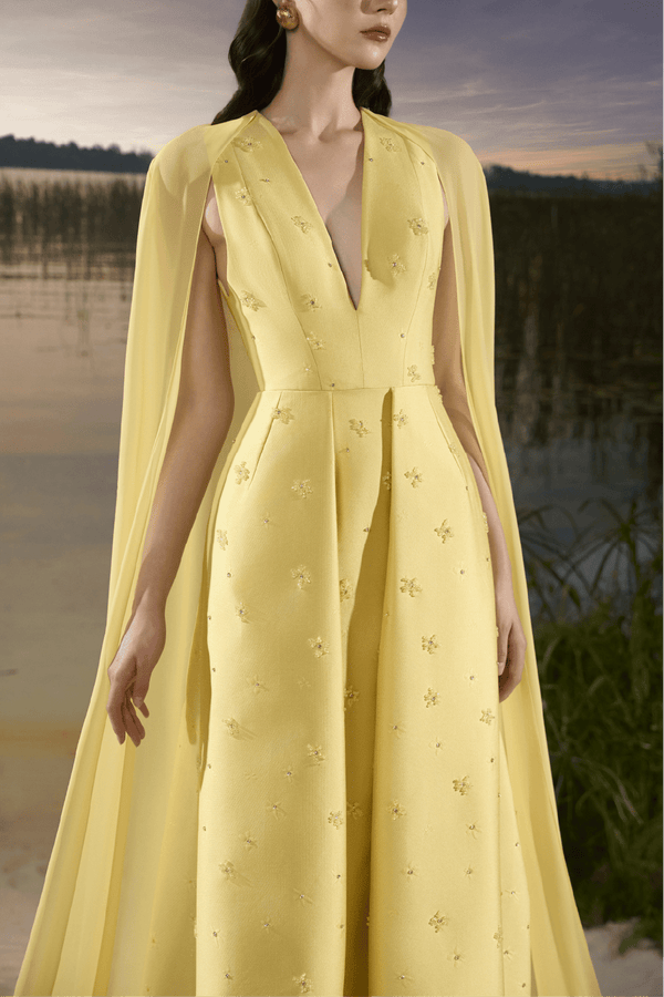 V - Neck Beaded Taffeta Gown with Chiffon Cape - ALBOUSHIYA - district 5 - dubai - riyadh - abaya - dresses - designers - evening wear - luxury - elegance - craftsmanship - gowns - cocktail dresses - collections - georges