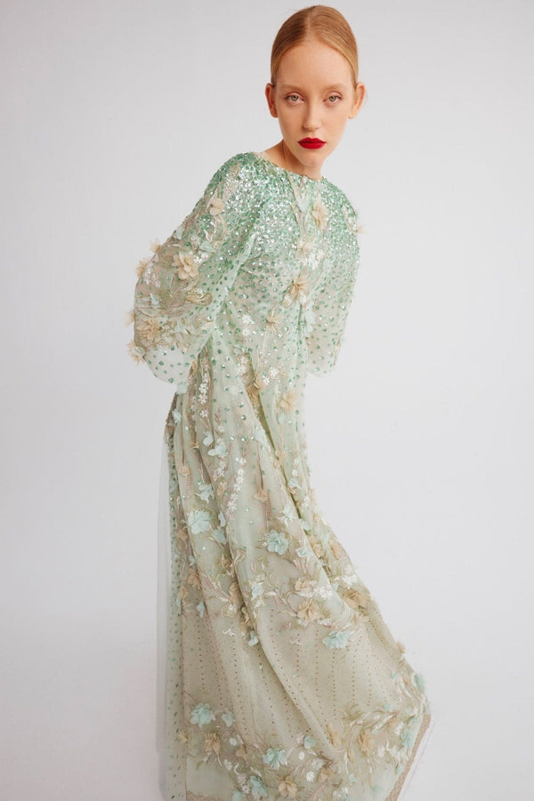 V - Neck Dress with Cape Sleeves and Floral Embellishments - ALBOUSHIYA - district 5 - dubai - riyadh - abaya - dresses - designers - evening wear - luxury - elegance - craftsmanship - gowns - cocktail dresses - collections - georges