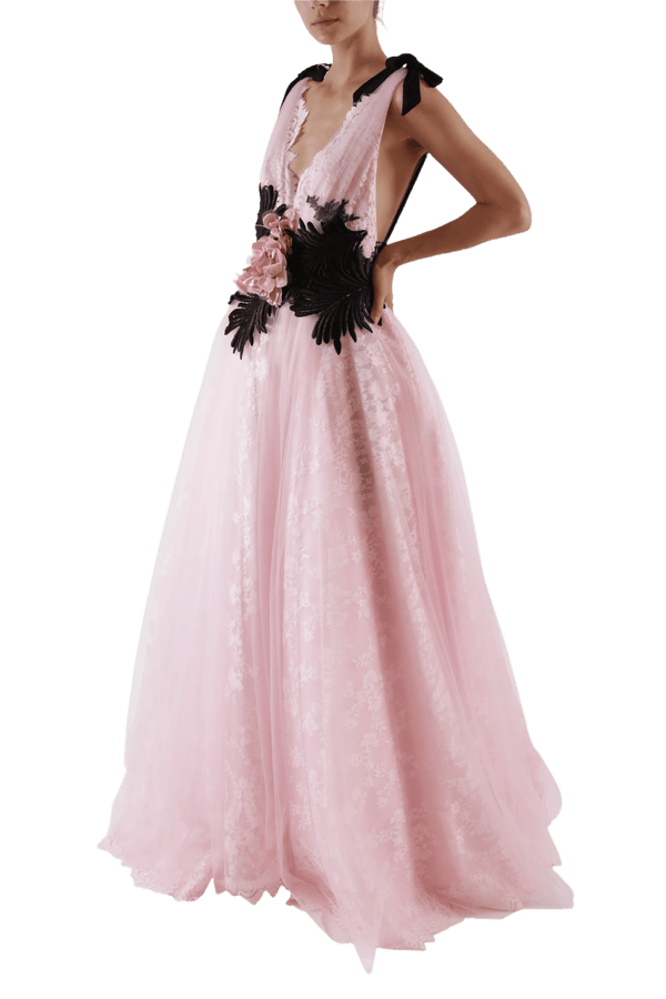 V - Neck Lace & Tulle Ball Gown - ALBOUSHIYA - district 5 - dubai - riyadh - abaya - dresses - designers - evening wear - luxury - elegance - craftsmanship - gowns - cocktail dresses - collections - georges