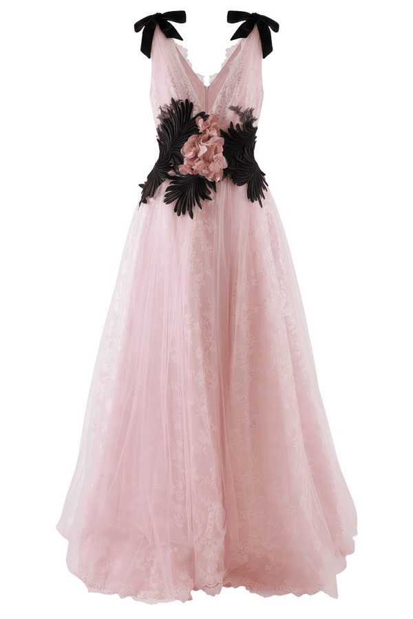 V - Neck Lace & Tulle Ball Gown - ALBOUSHIYA - district 5 - dubai - riyadh - abaya - dresses - designers - evening wear - luxury - elegance - craftsmanship - gowns - cocktail dresses - collections - georges