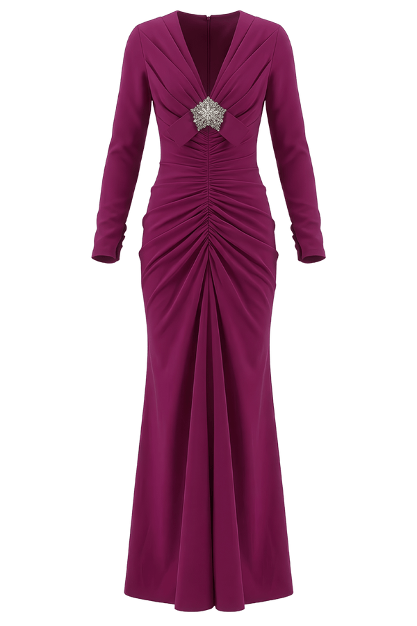 V - Neck Ruched Jersey Gown - ALBOUSHIYA - district 5 - dubai - riyadh - abaya - dresses - designers - evening wear - luxury - elegance - craftsmanship - gowns - cocktail dresses - collections - georges