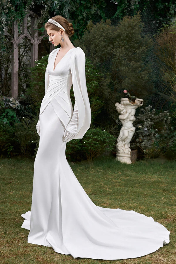 V - Neckline Pleated Mullet Silk Gown - ALBOUSHIYA - district 5 - dubai - riyadh - abaya - dresses - designers - evening wear - luxury - elegance - craftsmanship - gowns - cocktail dresses - collections - georges