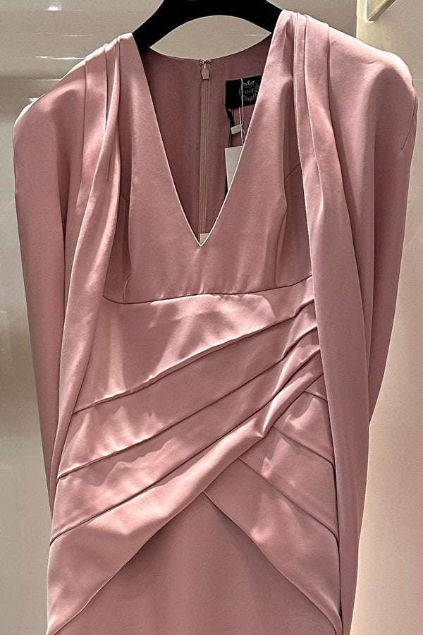 V - Neckline Pleated Mullet Silk Gown - ALBOUSHIYA - district 5 - dubai - riyadh - abaya - dresses - designers - evening wear - luxury - elegance - craftsmanship - gowns - cocktail dresses - collections - georges