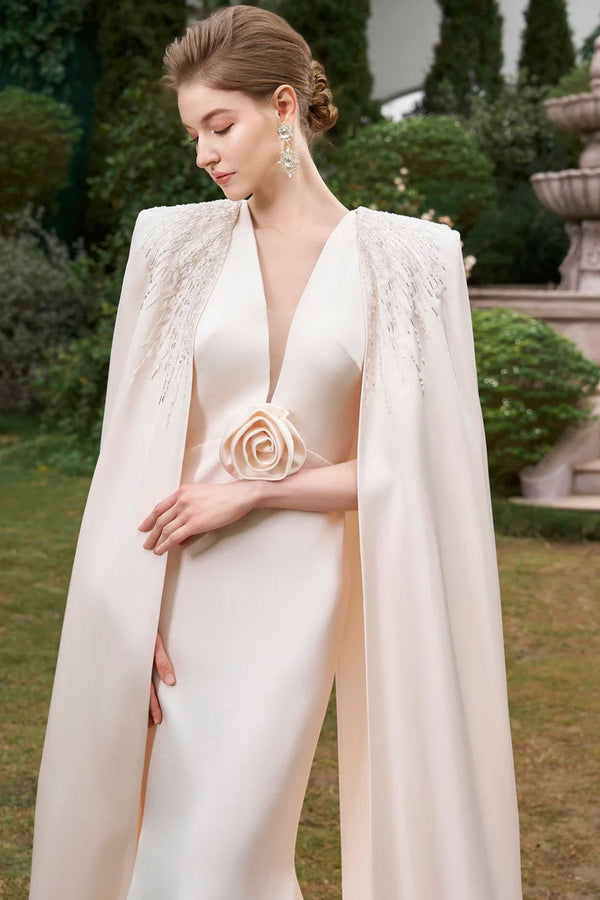 V - Neckline Sleeveless Gown With Long Cape - ALBOUSHIYA - district 5 - dubai - riyadh - abaya - dresses - designers - evening wear - luxury - elegance - craftsmanship - gowns - cocktail dresses - collections - georges