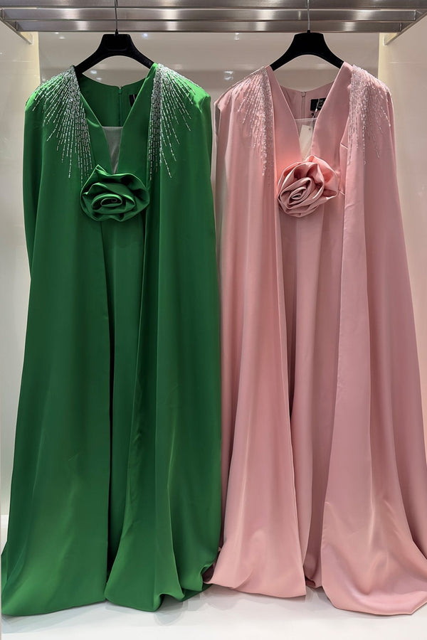 V - Neckline Sleeveless Gown With Long Cape - ALBOUSHIYA - district 5 - dubai - riyadh - abaya - dresses - designers - evening wear - luxury - elegance - craftsmanship - gowns - cocktail dresses - collections - georges