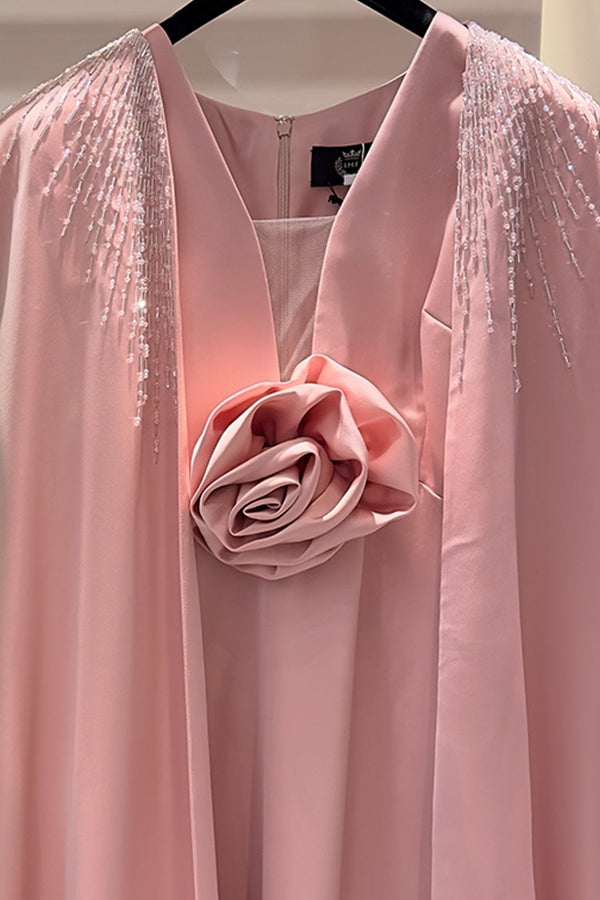 V - Neckline Sleeveless Gown With Long Cape - ALBOUSHIYA - district 5 - dubai - riyadh - abaya - dresses - designers - evening wear - luxury - elegance - craftsmanship - gowns - cocktail dresses - collections - georges