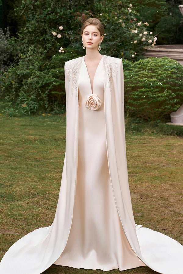 V - Neckline Sleeveless Gown With Long Cape - ALBOUSHIYA - district 5 - dubai - riyadh - abaya - dresses - designers - evening wear - luxury - elegance - craftsmanship - gowns - cocktail dresses - collections - georges