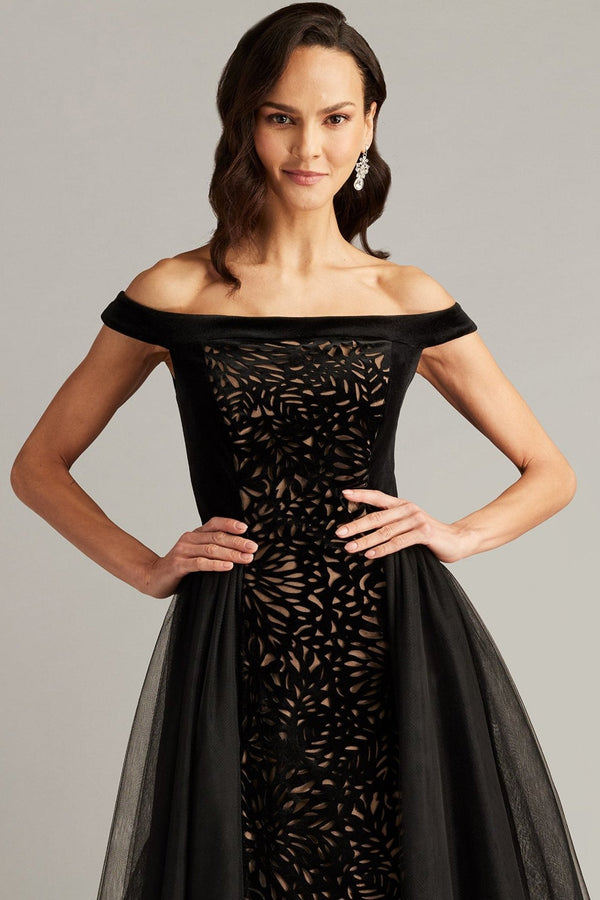 Valencia Laser Cut Velvet & Tulle Dress - ALBOUSHIYA - district 5 - dubai - riyadh - abaya - dresses - designers - evening wear - luxury - elegance - craftsmanship - gowns - cocktail dresses - collections - georges