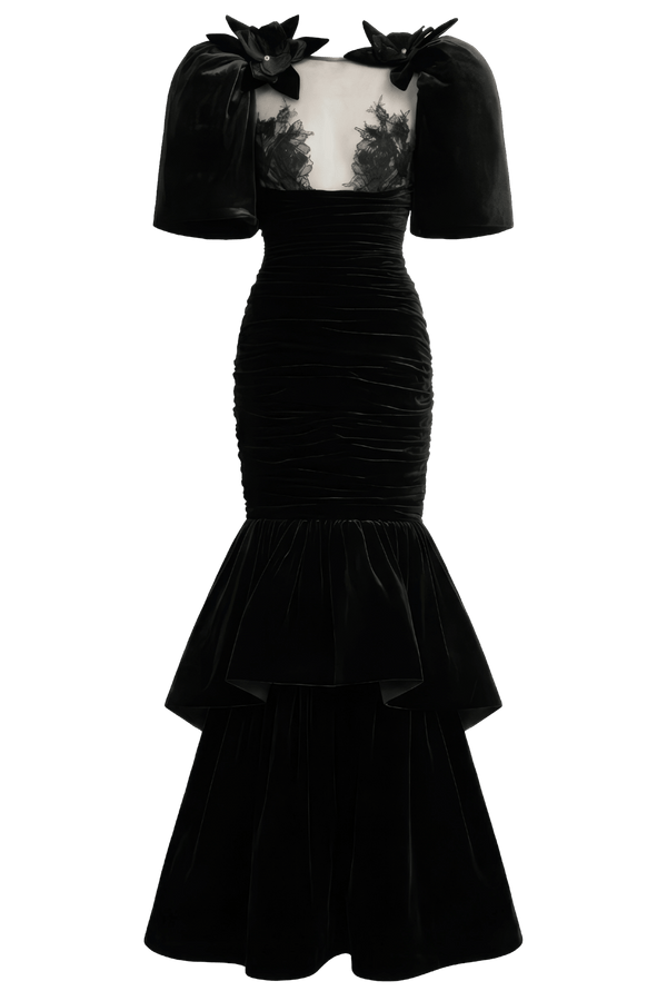 Velvet Lace Illusion Evening Gown - ALBOUSHIYA - district 5 - dubai - riyadh - abaya - dresses - designers - evening wear - luxury - elegance - craftsmanship - gowns - cocktail dresses - collections - georges