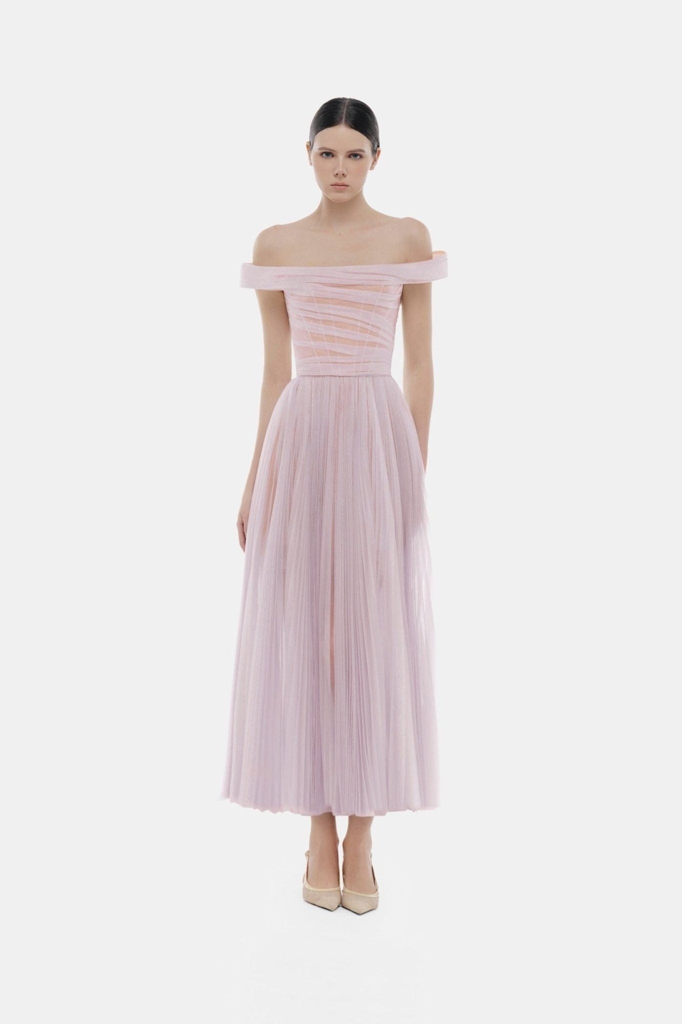 Violet Off Shoulder Midi Dress - ALBOUSHIYA - district 5 - dubai - riyadh - abaya - dresses - designers - evening wear - luxury - elegance - craftsmanship - gowns - cocktail dresses - collections - georges