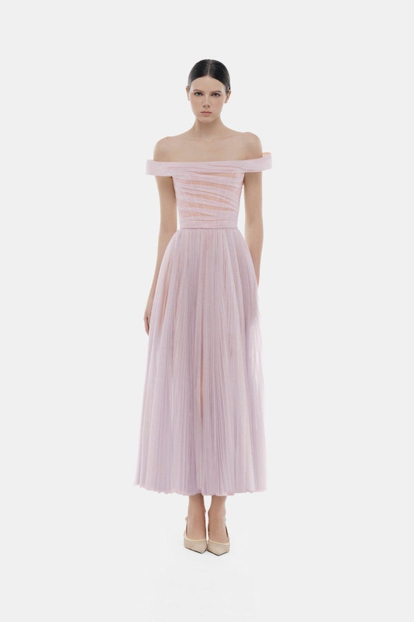 Violet Off Shoulder Midi Dress - ALBOUSHIYA - district 5 - dubai - riyadh - abaya - dresses - designers - evening wear - luxury - elegance - craftsmanship - gowns - cocktail dresses - collections - georges