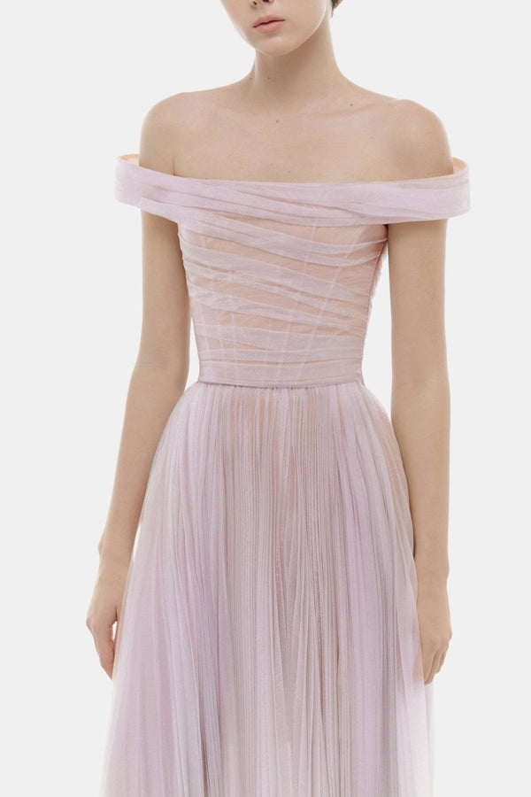 Violet Off Shoulder Midi Dress - ALBOUSHIYA - district 5 - dubai - riyadh - abaya - dresses - designers - evening wear - luxury - elegance - craftsmanship - gowns - cocktail dresses - collections - georges