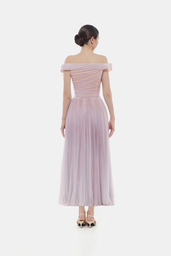 Violet Off Shoulder Midi Dress - ALBOUSHIYA - district 5 - dubai - riyadh - abaya - dresses - designers - evening wear - luxury - elegance - craftsmanship - gowns - cocktail dresses - collections - georges
