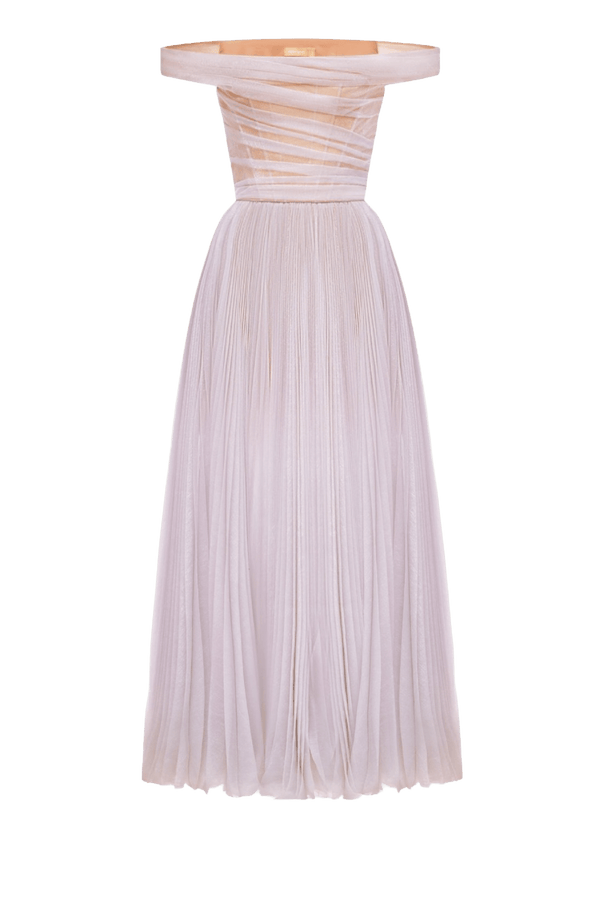 Violet Off Shoulder Midi Dress - ALBOUSHIYA - district 5 - dubai - riyadh - abaya - dresses - designers - evening wear - luxury - elegance - craftsmanship - gowns - cocktail dresses - collections - georges