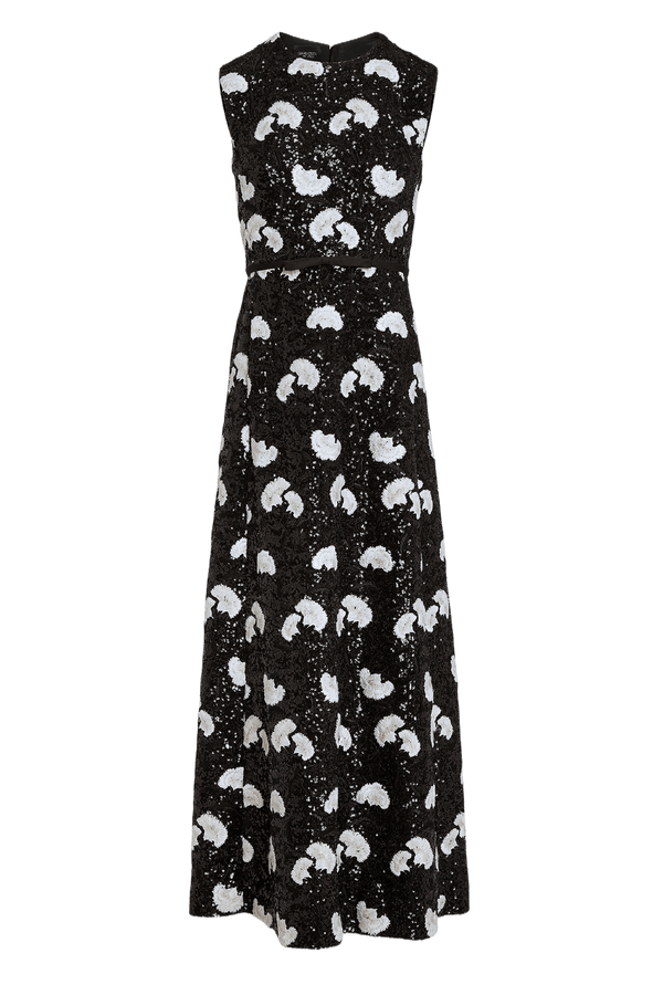 White Carnations Black Sequin - Embroidered Dress - ALBOUSHIYA - district 5 - dubai - riyadh - abaya - dresses - designers - evening wear - luxury - elegance - craftsmanship - gowns - cocktail dresses - collections - georges
