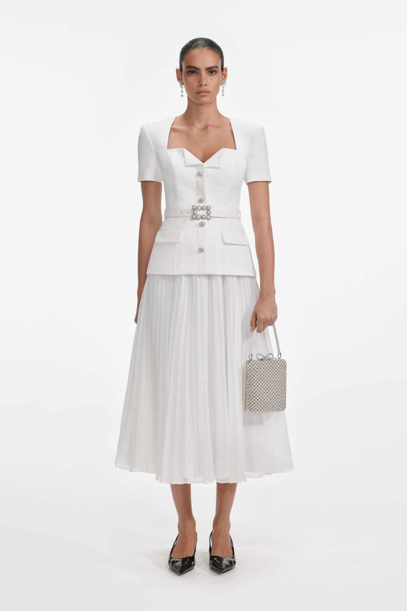 White Crepe Chiffon Midi Dress - ALBOUSHIYA - district 5 - dubai - riyadh - abaya - dresses - designers - evening wear - luxury - elegance - craftsmanship - gowns - cocktail dresses - collections - georges