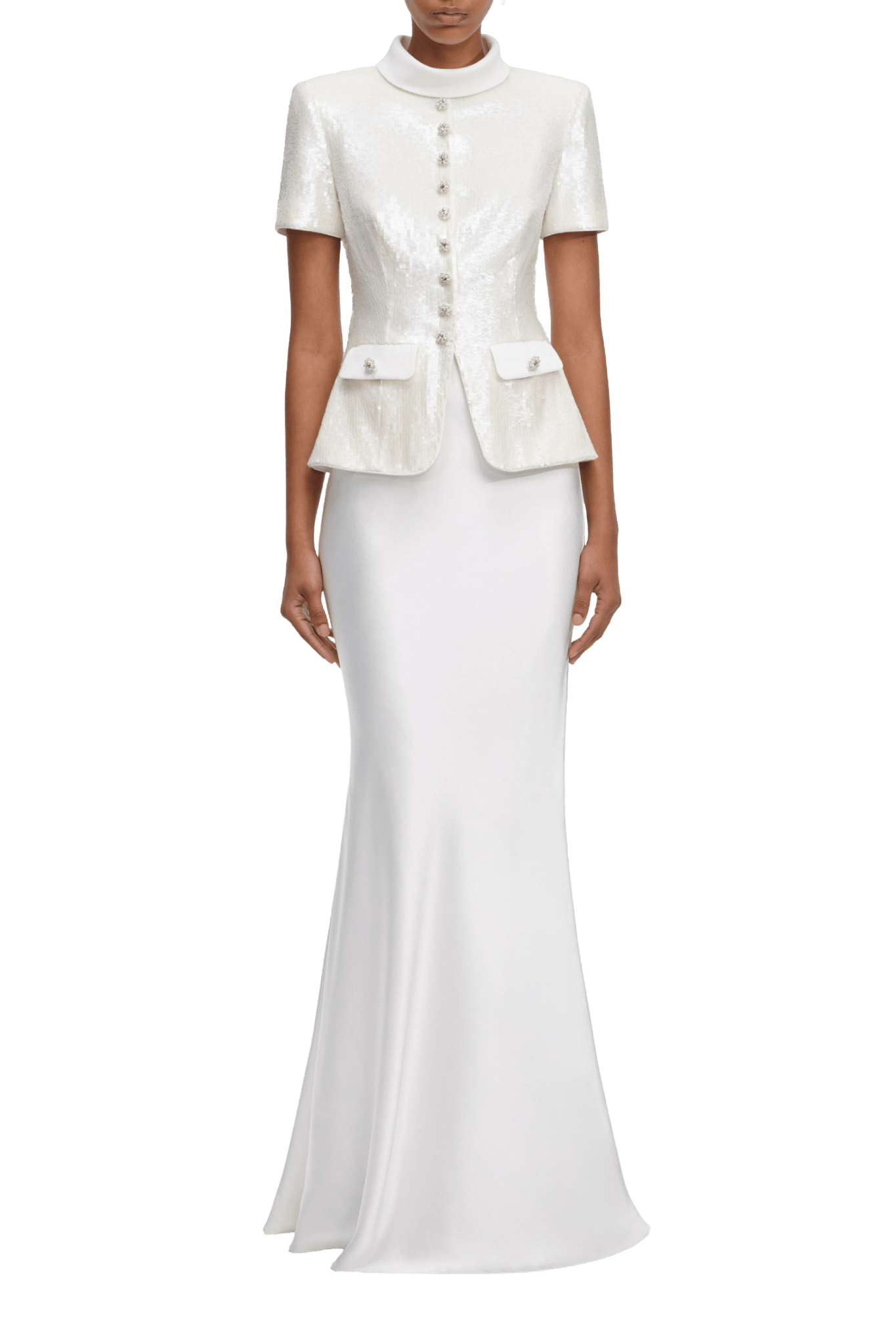 White Sequin Tailored Maxi Dress - ALBOUSHIYA - district 5 - dubai - riyadh - abaya - dresses - designers - evening wear - luxury - elegance - craftsmanship - gowns - cocktail dresses - collections - georges