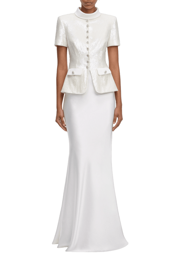 White Sequin Tailored Maxi Dress - ALBOUSHIYA - district 5 - dubai - riyadh - abaya - dresses - designers - evening wear - luxury - elegance - craftsmanship - gowns - cocktail dresses - collections - georges